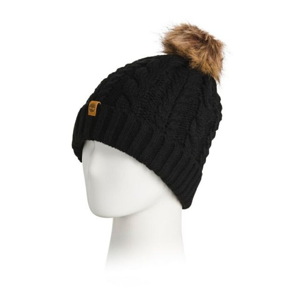 Timberland Womens Black Fleece Lined Cable Knit Cuff Brim Hat With Pom Pom New